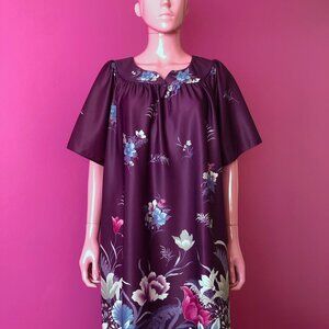 Vintage 70s S/M House Dress Floral Midi Purple Oversized Cozy Muumuu Nightgown